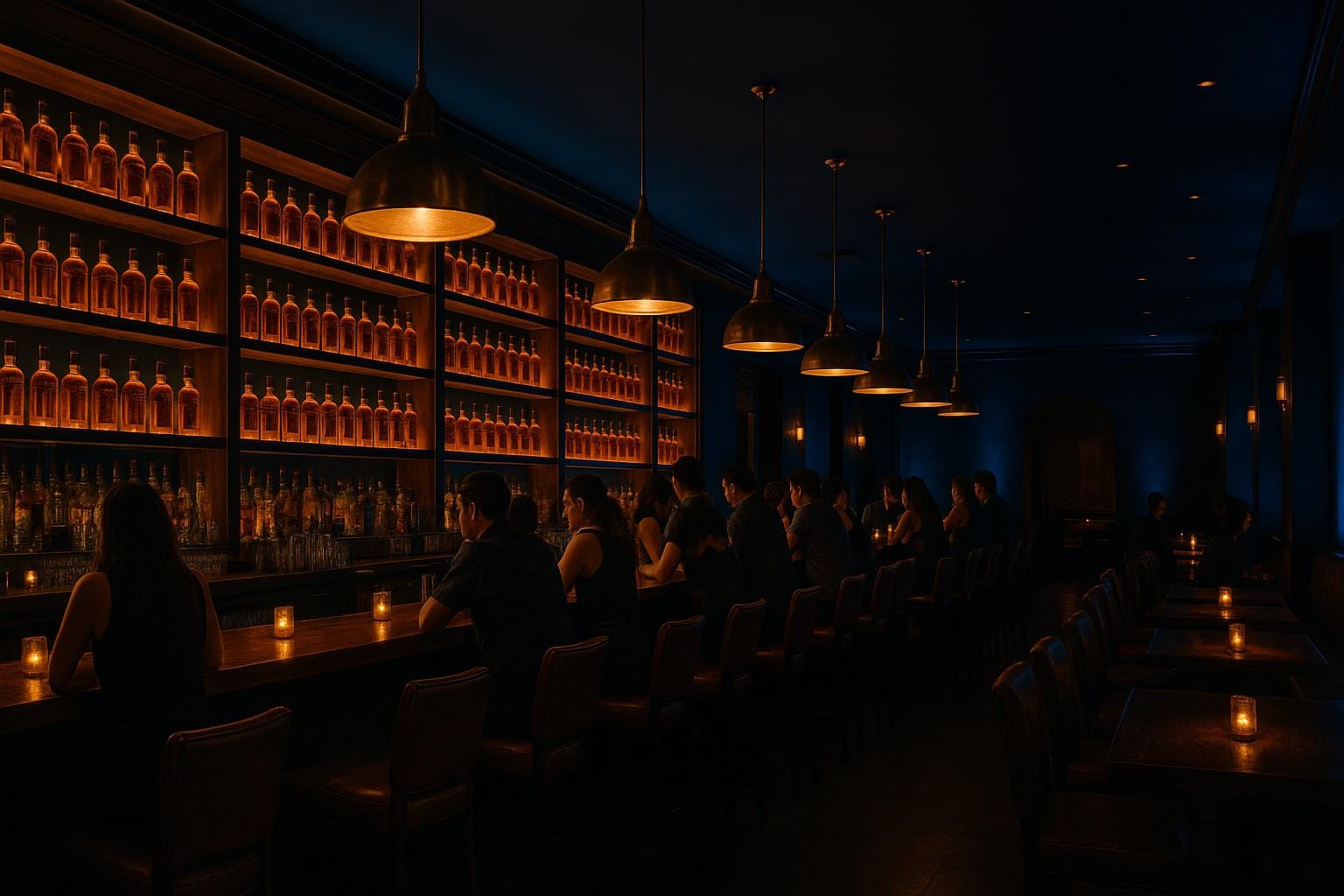 Backlit bar shelves of amber rum bottles under warm pendant lights at Mamajuana