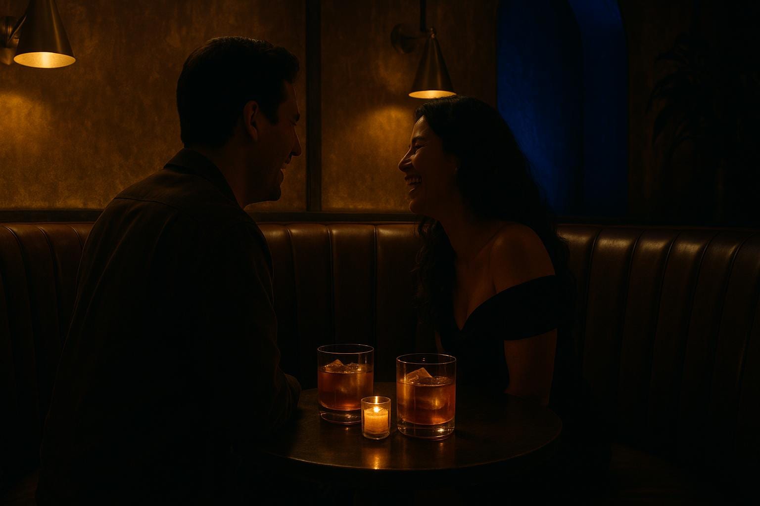 A couple sharing cocktails in a candlelit leather booth