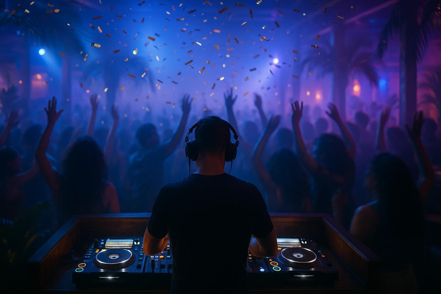 DJ performing to a dancing crowd with gold confetti in the air
