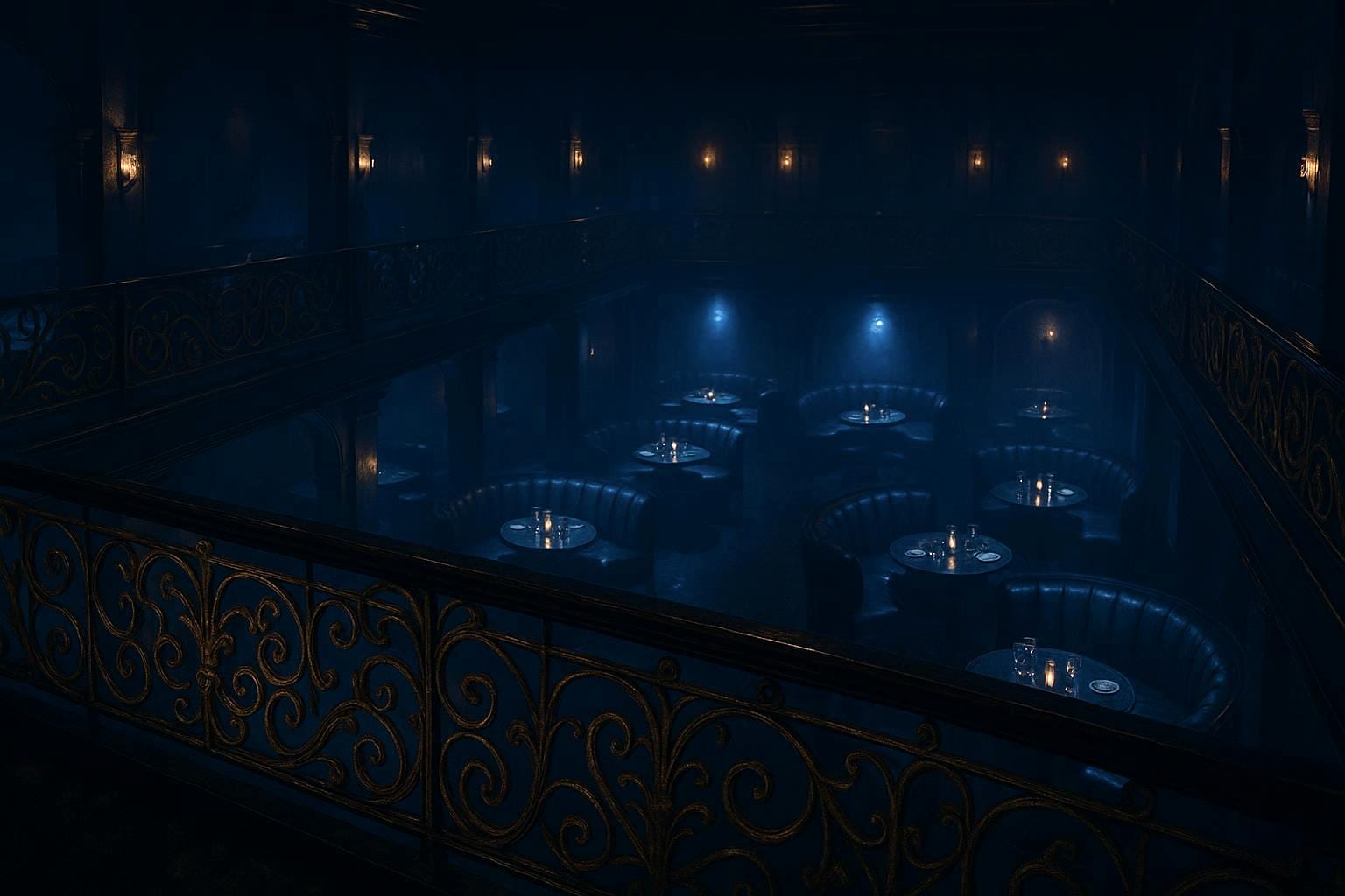 View from the mezzanine over candlelit leather banquettes in deep blue light