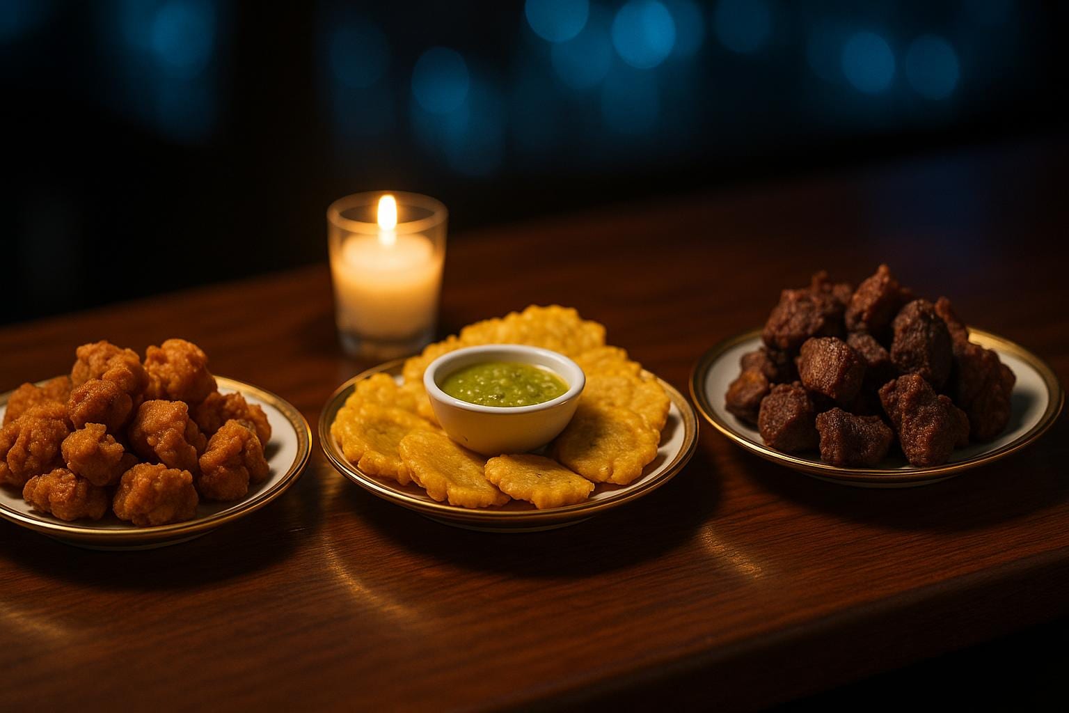 Three Dominican picaderas plates — chicharrones, tostones and carne frita — on a candlelit bar