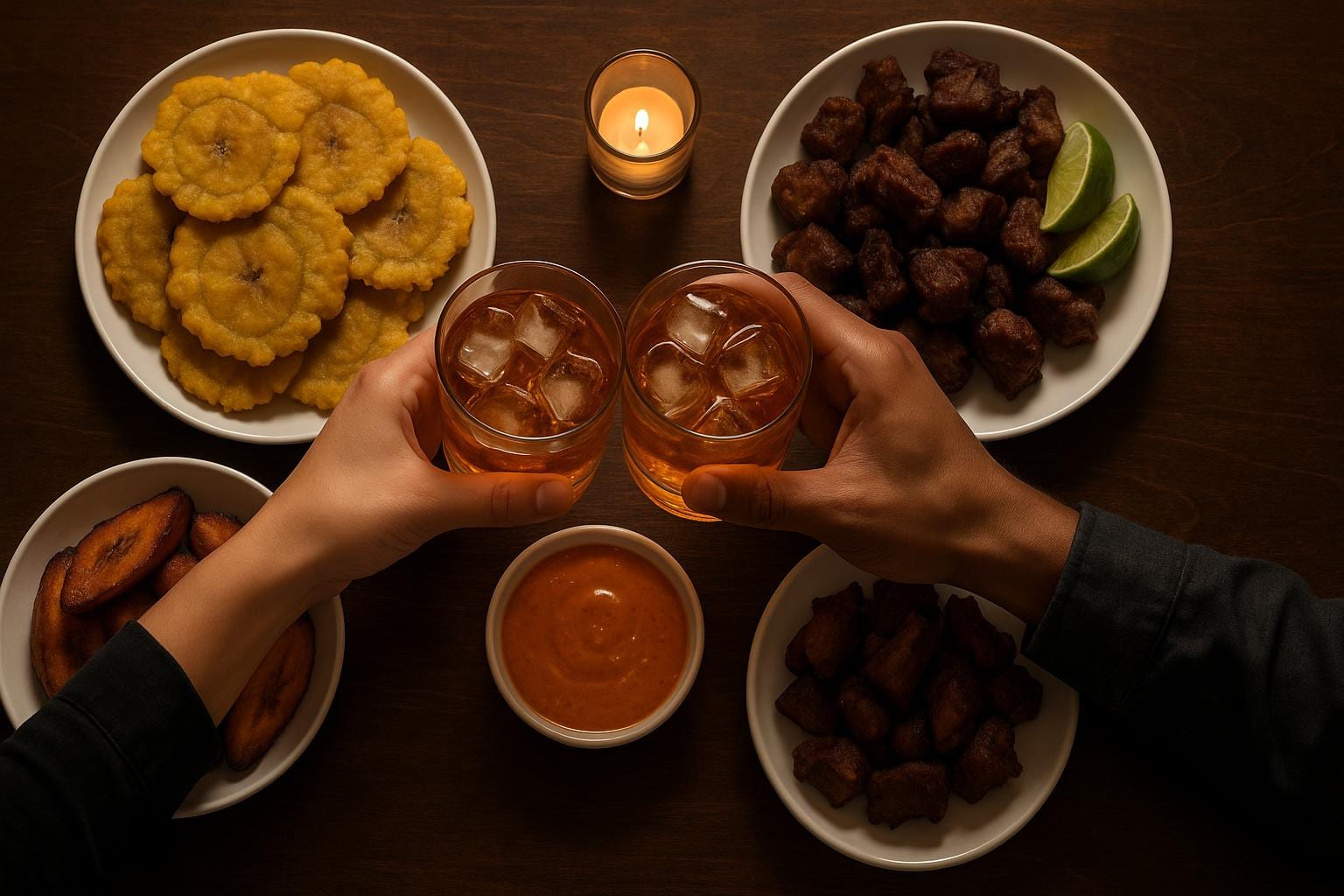Overhead view of a candlelit table of Dominican picaderas plates and rum cocktails